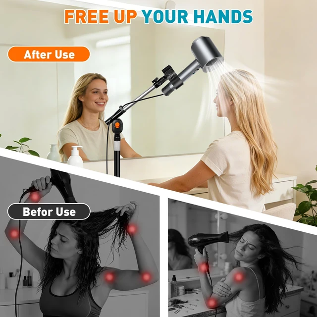 Alt view image 7 of 7 - 23.663" Adjustable Hair Dryer Stand Hands Free with Heavy Base | 360° Rotating Locking Arm, 1.5KG Max Load Blow Dryer Holder Stand with Cable Clip for Bathroom Vanity Home Salon Pet Grooming