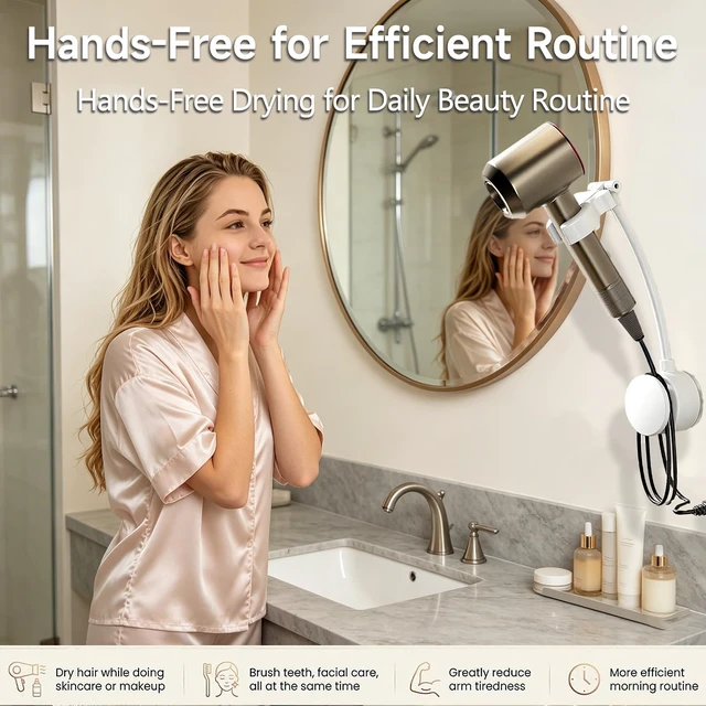 Alt view image 3 of 7 - Hair Dryer Holder, Hair Dryer Stand with Adjustable Angle, Wall Mounted Hair Dryer Stand Hands Free with Built-In Adhesive, Suitable for Bathroom Mirror, Side Wall of Washbasin, Bedroom Vanity