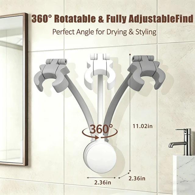 Alt view image 2 of 7 - Hair Dryer Holder, Hair Dryer Stand with Adjustable Angle, Wall Mounted Hair Dryer Stand Hands Free with Built-In Adhesive, Suitable for Bathroom Mirror, Side Wall of Washbasin, Bedroom Vanity