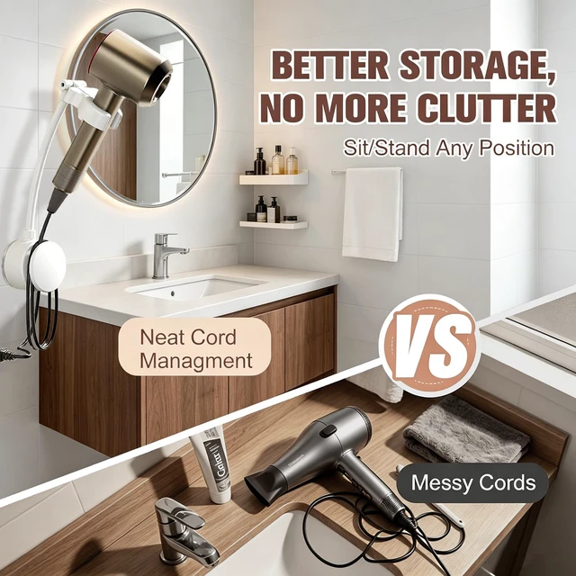 Alt view image 5 of 7 - Hair Dryer Holder, Hair Dryer Stand with Adjustable Angle, Wall Mounted Hair Dryer Stand Hands Free with Built-In Adhesive, Suitable for Bathroom Mirror, Side Wall of Washbasin, Bedroom Vanity
