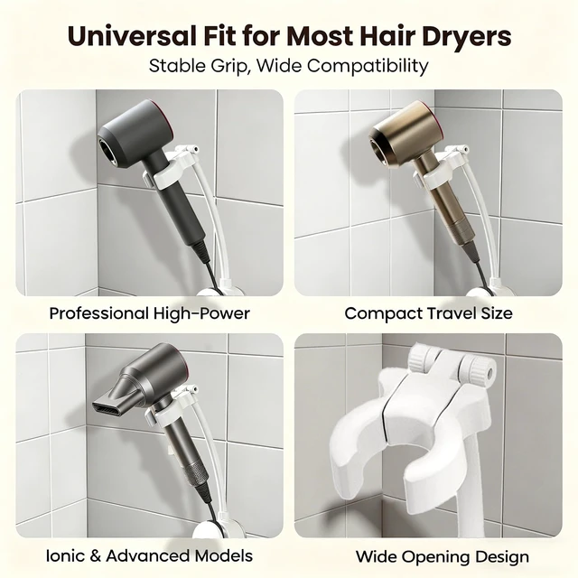 Alt view image 6 of 7 - Hair Dryer Holder, Hair Dryer Stand with Adjustable Angle, Wall Mounted Hair Dryer Stand Hands Free with Built-In Adhesive, Suitable for Bathroom Mirror, Side Wall of Washbasin, Bedroom Vanity