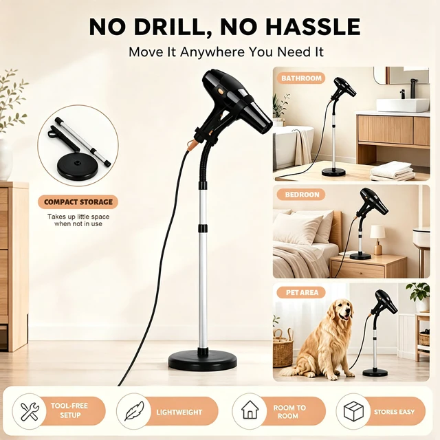 Alt view image 3 of 7 - Hair Dryer Stand Hands Free 360-Degree Rotating 2 Heads Adjustable Height Metal Hair Dryer Holder Blow Dryer Holder About for 0.5kg Hair Dryer in Bathroom, Vanity, Makeup Room Basic New