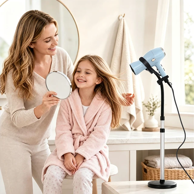 Alt view image 6 of 7 - Hair Dryer Stand Hands Free 360-Degree Rotating 2 Heads Adjustable Height Metal Hair Dryer Holder Blow Dryer Holder About for 0.5kg Hair Dryer in Bathroom, Vanity, Makeup Room Basic New