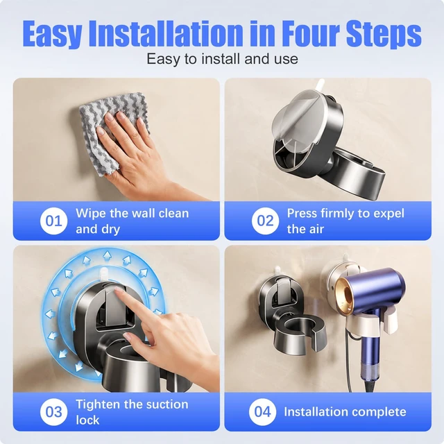 Alt view image 3 of 6 - Universal Hair Dryer Holder Wall Mounted Rotates 45° Left & Right | Easy To Set Up, Sturdy Wall Mount, Washable Adhesive, No Wall Damage, Fits Bedroom, Bathroom and More Spaces