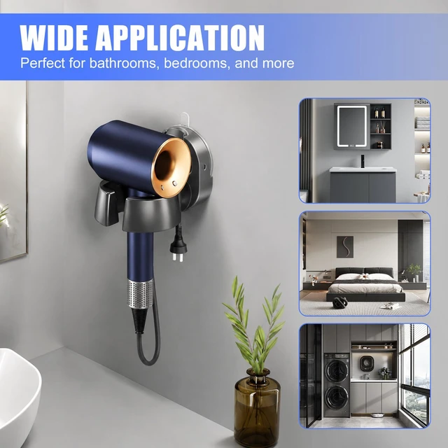 Alt view image 6 of 6 - Universal Hair Dryer Holder Wall Mounted Rotates 45° Left & Right | Easy To Set Up, Sturdy Wall Mount, Washable Adhesive, No Wall Damage, Fits Bedroom, Bathroom and More Spaces