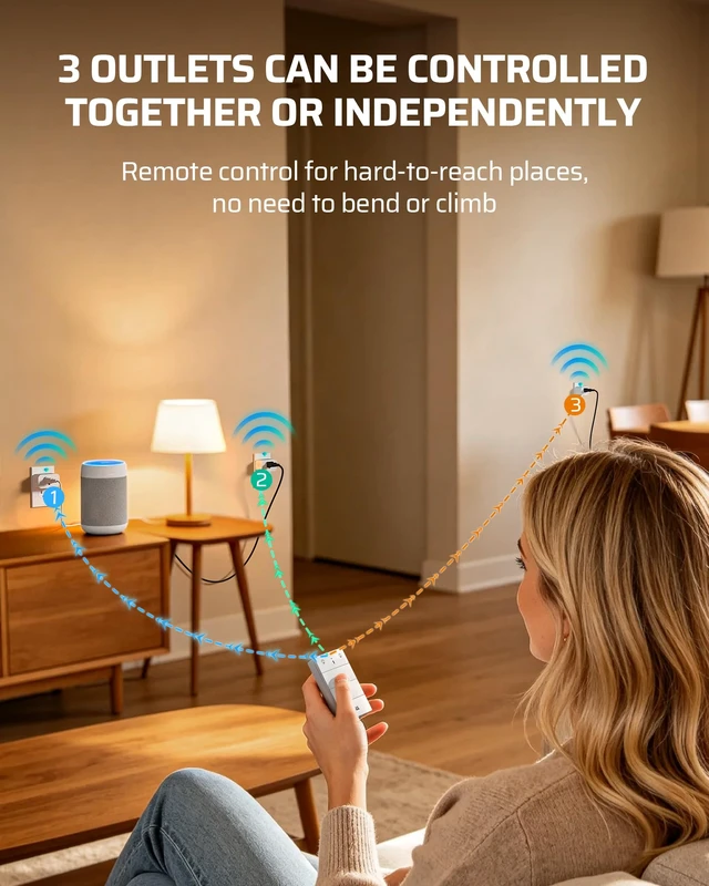 Alt view image 5 of 7 - Remote Control Outlet, 1 Magnetic Remote and 3 Outlets | 100FT Range Wireless Light Switch, 125V 15A, 1875W, No Wiring, Remote Light Switch for Lamps, Fans, Household Appliance