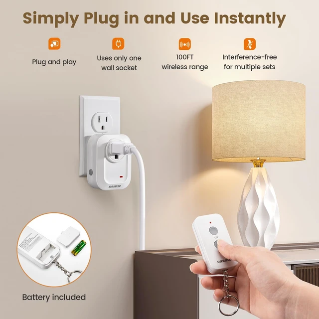 Alt view image 2 of 7 - Remote Control Outlet Plug, Wireless Light Switch, 100ft RF Range | Plug & Play, No Interference, Expandable Keychain Remote Switch Kit for Lamps, Fans, Christmas Tree Lights, Small Appliances