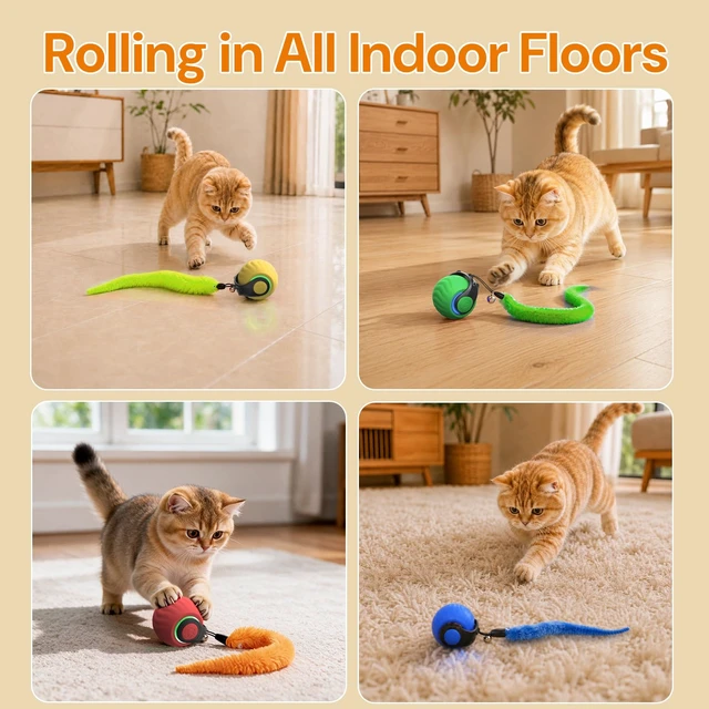 Alt view image 5 of 7 - Cat Toys with Bird Sounds & 3 Speed Modes for Indoor Cats Play | Bird Sounds, 3 Speed Modes, Rechargeable Automatic Rolling, 3 Tails, Fast Charging Ball, For Indoor Cats on Hard Floor Carpet