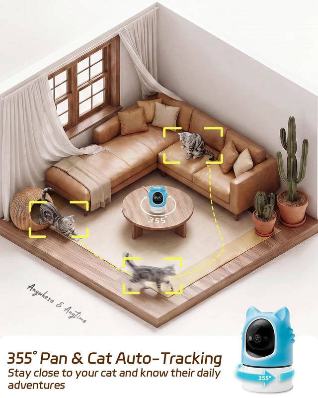 Alt view image 3 of 7 - Pet Camera with Phone App Laser Toy 2K Cat Camera no Subscription | Auto Tracking Night Vision 355° Pan 2-Way Audio Dual-Band WiFi Indoor Pet Cam Sky Blue