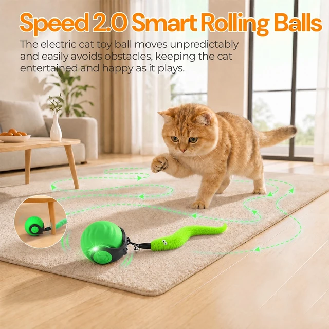 Alt view image 7 of 7 - Cat Toys with Bird Sounds & 3 Speed Modes for Indoor Cats Play | Bird Sounds, 3 Speed Modes, Rechargeable Automatic Rolling, 3 Tails, Fast Charging Ball, For Indoor Cats on Hard Floor Carpet