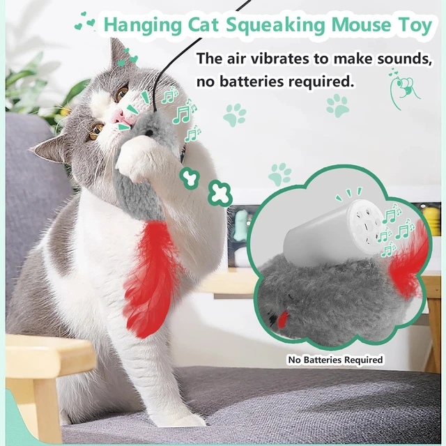 Alt view image 2 of 6 - Self Play Cat Toys,2 Pack Door Hanging Cat Mouse Toy with Squeaky Sound,No Batteries Required,Interactive Cat Enrichment Toys for Bored Indoor Adult Cats,Cat Boredom Toys Mice with Feather Tail