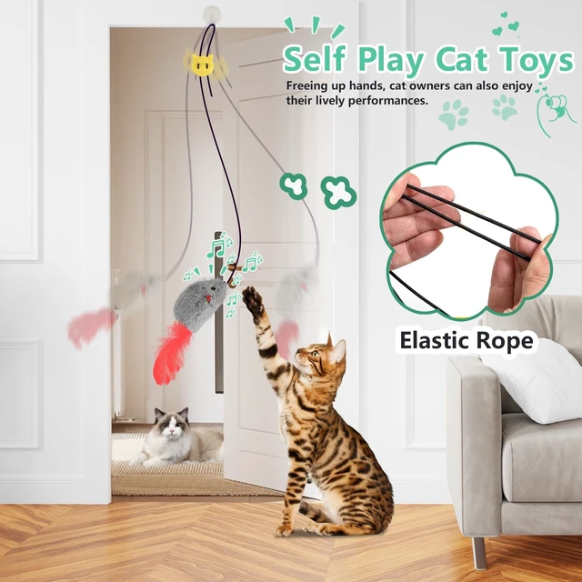 Alt view image 3 of 6 - Self Play Cat Toys,2 Pack Door Hanging Cat Mouse Toy with Squeaky Sound,No Batteries Required,Interactive Cat Enrichment Toys for Bored Indoor Adult Cats,Cat Boredom Toys Mice with Feather Tail