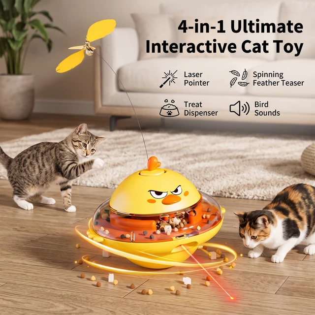 Alt view image 2 of 7 - Interactive Cat Toy for Indoor Cats with Laser, Feather&Treat Dispenser | Keep Bored Cats Active, 4-in-1 Interactive Wobbling Toys with Bird Sounds, Spinning Butterflies, Safe ABS & Auto-off