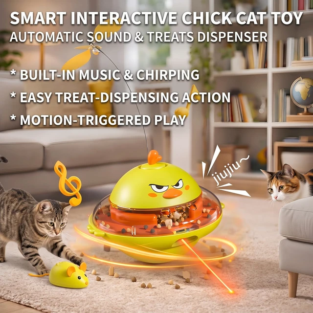 Alt view image 3 of 7 - Interactive Cat Toy for Indoor Cats with Laser, Feather&Treat Dispenser | Keep Bored Cats Active, 4-in-1 Interactive Wobbling Toys with Bird Sounds, Spinning Butterflies, Safe ABS & Auto-off