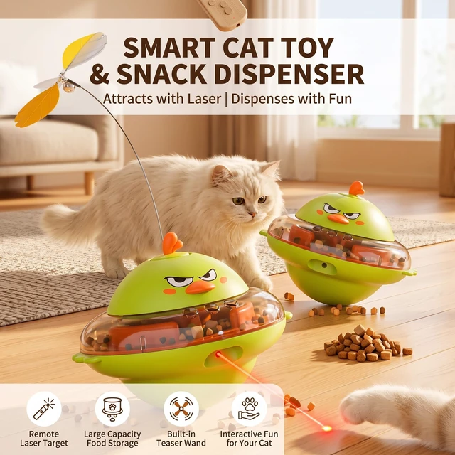 Alt view image 4 of 7 - Interactive Cat Toy for Indoor Cats with Laser, Feather&Treat Dispenser | Keep Bored Cats Active, 4-in-1 Interactive Wobbling Toys with Bird Sounds, Spinning Butterflies, Safe ABS & Auto-off