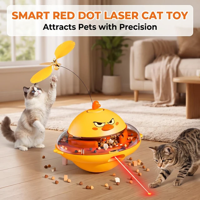 Alt view image 6 of 7 - Interactive Cat Toy for Indoor Cats with Laser, Feather&Treat Dispenser | Keep Bored Cats Active, 4-in-1 Interactive Wobbling Toys with Bird Sounds, Spinning Butterflies, Safe ABS & Auto-off