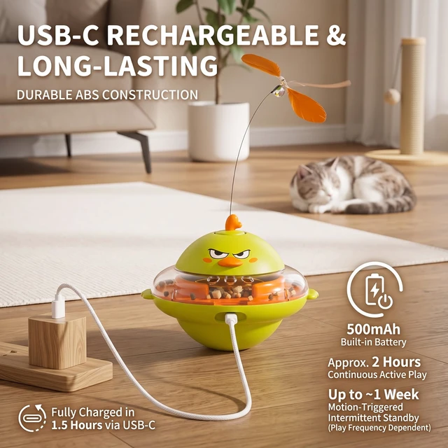 Alt view image 7 of 7 - Interactive Cat Toy for Indoor Cats with Laser, Feather&Treat Dispenser | Keep Bored Cats Active, 4-in-1 Interactive Wobbling Toys with Bird Sounds, Spinning Butterflies, Safe ABS & Auto-off