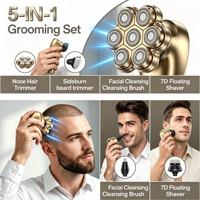 Alt view image 3 of 3 - Head Shavers for Bald Men: 5 in 1 Electric Razor - IPX7 Waterproof Shaving Grooming Kit for Balder