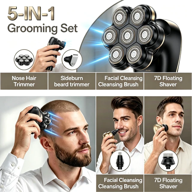 Alt view image 3 of 3 - Head Shavers for Bald Men: 5 in 1 Electric Razor - IPX7 Waterproof Shaving Grooming Kit for Balder