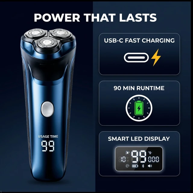 Alt view image 6 of 7 - Smart 2-in-1 Electric Rotary Shaver for Men with 4D Floating Heads & Pop-Up Trimmer - USB Rechargeable, Wet & Dry Waterproof Razor with LCD Display (90 Min Runtime)