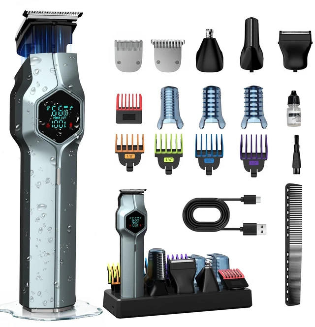Main image of Beard Trimmer for Men, Magnetic Snap-on Replacement Heads, Blue | Charging dock, IPX7 waterproof, 180-min runtime, color-coded combs, nose-ear-body grooming