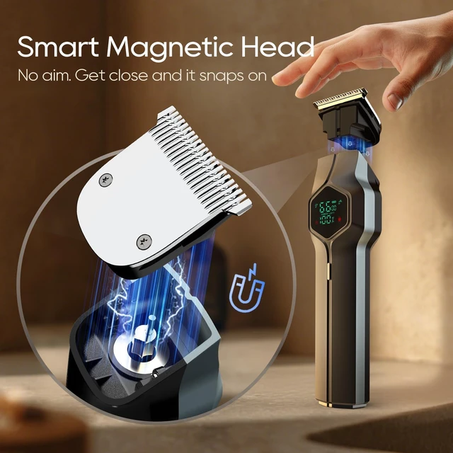 Alt view image 2 of 7 - Beard Trimmer for Men, Magnetic Snap-on Replacement Heads, Blue | Charging dock, IPX7 waterproof, 180-min runtime, color-coded combs, nose-ear-body grooming
