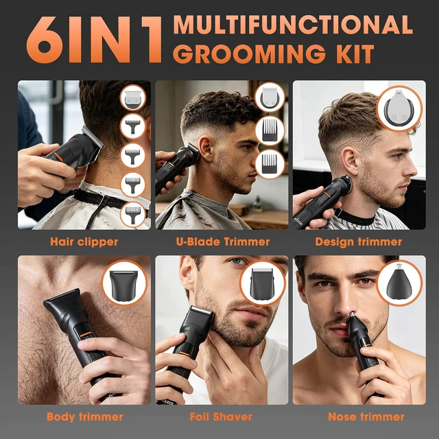 Alt view image 2 of 7 - Beard Trimmer for Men - 6 in 1 Hair Clipper & Grooming Kit, Cordless Rechargeable with LED Display, IPX6 Waterproof, Nose Ear Trimmer, Body Groomer, Detail Clipper