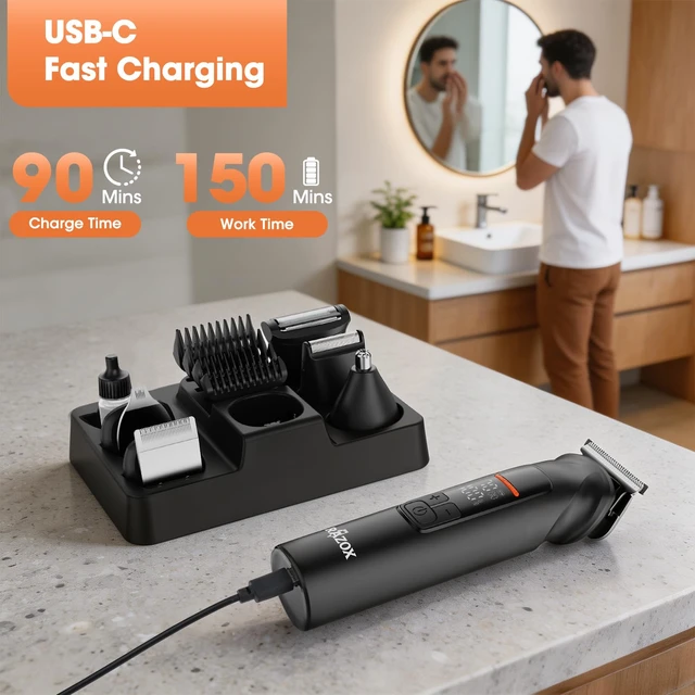 Alt view image 5 of 7 - Beard Trimmer for Men - 6 in 1 Hair Clipper & Grooming Kit, Cordless Rechargeable with LED Display, IPX6 Waterproof, Nose Ear Trimmer, Body Groomer, Detail Clipper