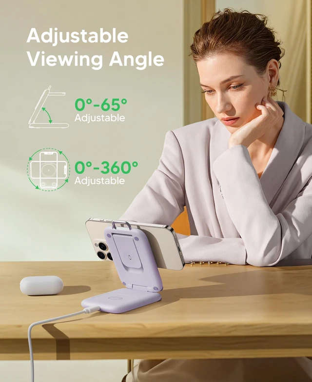 Alt view image 2 of 7 - Traveling Palm-Sized Fast Wireless Charging Station for iPhone Duo | Magnetic 3 in 1 Phone Charger Stand for MagSafe-enabled iPhone 18-12 Series, Apple Watch&Air pods Pro(Non-Battery),PU