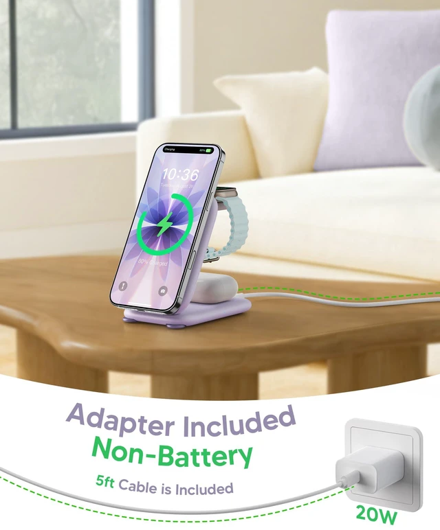 Alt view image 5 of 7 - Traveling Palm-Sized Fast Wireless Charging Station for iPhone Duo | Magnetic 3 in 1 Phone Charger Stand for MagSafe-enabled iPhone 18-12 Series, Apple Watch&Air pods Pro(Non-Battery),PU