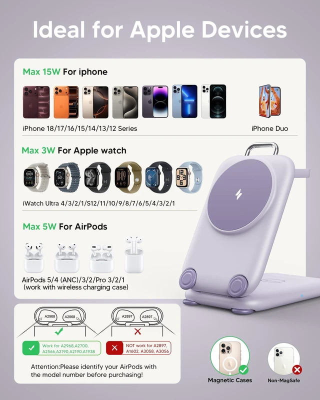 Alt view image 6 of 7 - Traveling Palm-Sized Fast Wireless Charging Station for iPhone Duo | Magnetic 3 in 1 Phone Charger Stand for MagSafe-enabled iPhone 18-12 Series, Apple Watch&Air pods Pro(Non-Battery),PU