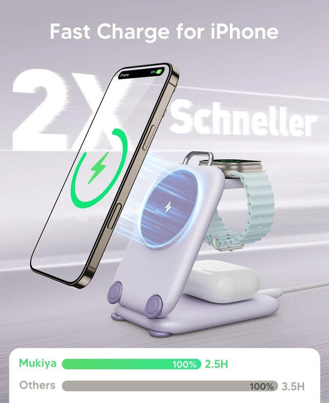 Alt view image 3 of 7 - Traveling Palm-Sized Fast Wireless Charging Station for iPhone Duo | Magnetic 3 in 1 Phone Charger Stand for MagSafe-enabled iPhone 18-12 Series, Apple Watch&Air pods Pro(Non-Battery),PU