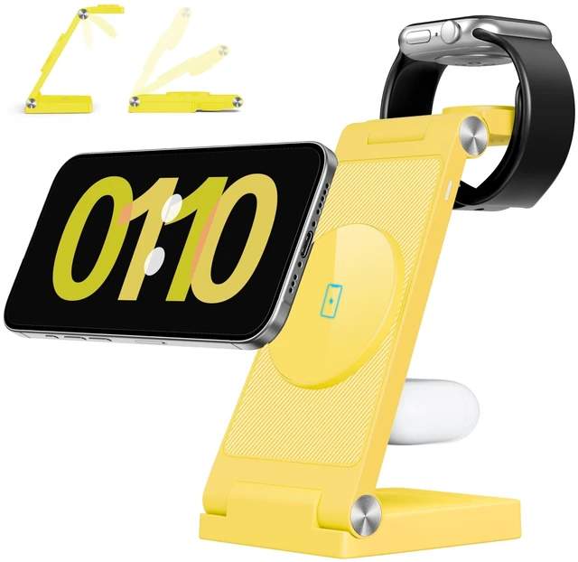 Main image of 2026 Traveling Wireless Mag-Safe Fast Charging Station | Magnetic 3 in 1 Charger for iPhone 18 17 16 15 14 13 12 Pro Max Plus,Apple Watch Series & Air pods 5 4 3 2 Pro(Yellow)