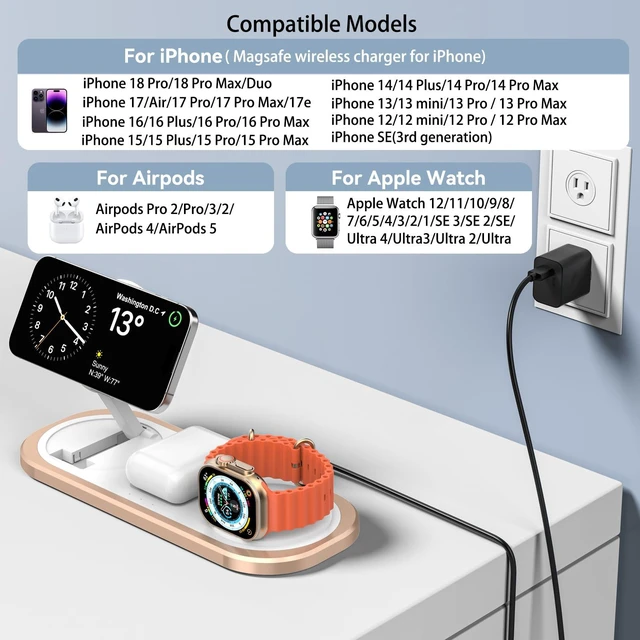Alt view image 2 of 7 - 3 in 1 Fast Wireless Charger Stand for iPhone, Foldable Travel Charging Station for Magsafe for iPhone 18 Duo 17 e Air 16 15 14 13 12 Series, Apple Watch & AirPods Series, Gifts for Women Men (Golden)