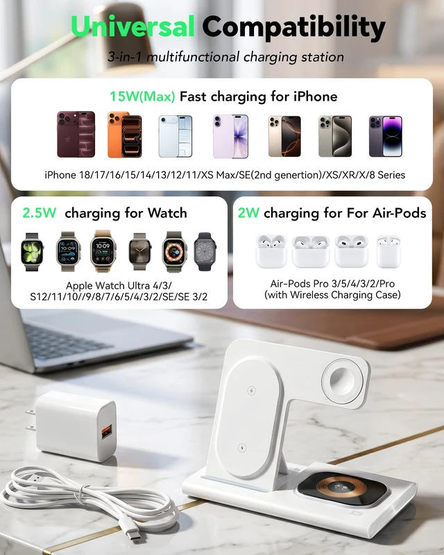 Alt view image 2 of 7 - 3 in 1 Foldable Charging Station for Apple Wireless Charger | iPhone Charging Station for iPhone 18 Pro Max,Apple Watch 12 Charger Stand, Light Nightstand Charging Dock for iWatch/Airpods
