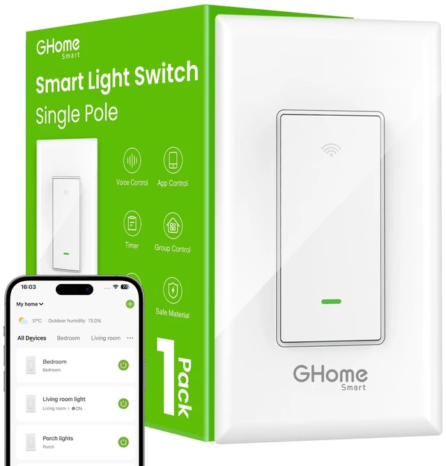 Main image of Light Switch, Single Pole, SW5-1 Pack, Neutral Wire Required | Alexa and Google Home Compatible, 2.4GHz WiFi, Voice Control, App Control, Schedule, Timer, UL FCC Listed