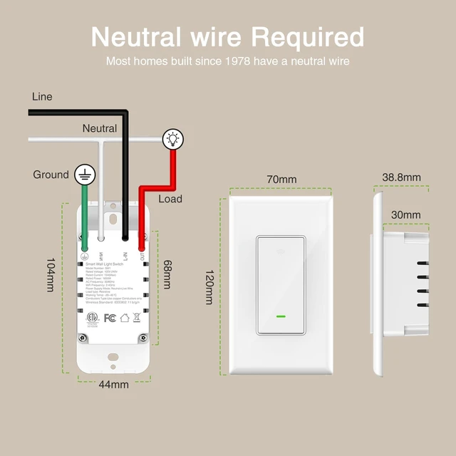 Alt view image 7 of 7 - Light Switch, Single Pole, SW5-1 Pack, Neutral Wire Required | Alexa and Google Home Compatible, 2.4GHz WiFi, Voice Control, App Control, Schedule, Timer, UL FCC Listed