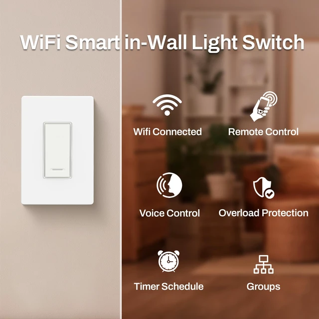 Alt view image 2 of 7 - WiFi Smart in-Wall Light Switch, No Hub Required with Timer Function, White, Compatible with Alexa and Google Assistant, Neutral Wire Needed, 2.4 Ghz Network Only