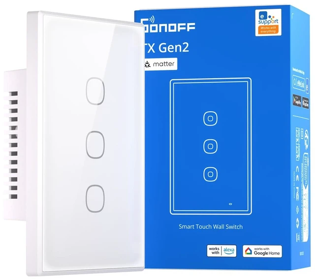 Main image of TX Gen2 Smart Wall Touch Switch, 3-Channel 120-Type Design, Wi-Fi for eWeLink Automation, Matter Enabled, Works with Apple Home/Google Home/Amazon Alexa - T6-3C-120M