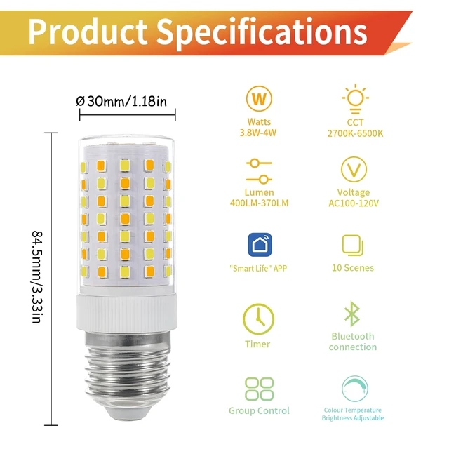 Alt view image 2 of 7 - Smart E26 LED Bulbs with App Control, Dimmable Bluetooth Bulb, AC 120V, Tunable White 2700K-6500K, 1%-100% Brightness, 7W 700LM, Music Sync, Timer Function (2 Pack Bulbs Only)