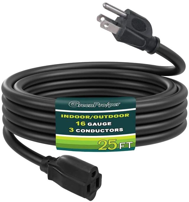 Main image of 16/3 25 Ft Outdoor Extension Cord Waterproof, 16 Gauge Black Heavy Duty 3 Prong Power Cord Outside for Lawn & Garden, 13 Amps 1625 Watts 125 VAC 16AWG SJTW, UL Listed