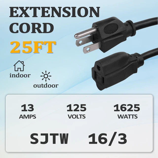 Alt view image 2 of 7 - 16/3 25 Ft Outdoor Extension Cord Waterproof, 16 Gauge Black Heavy Duty 3 Prong Power Cord Outside for Lawn & Garden, 13 Amps 1625 Watts 125 VAC 16AWG SJTW, UL Listed