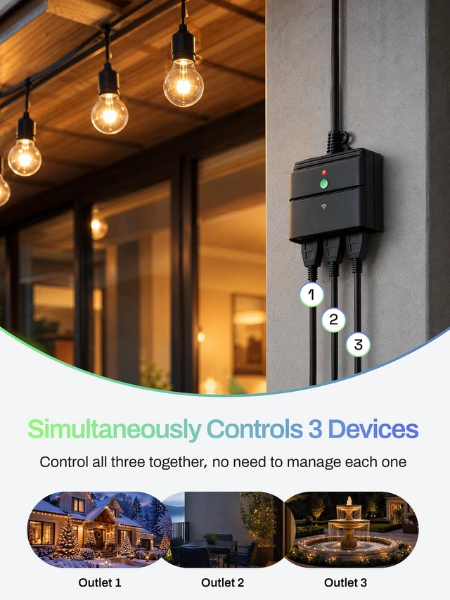 Alt view image 2 of 7 - Outdoor Smart Wi-Fi Plug,Heavy Duty 3 Grounded Outlet Timer,2.4GHz | IP44 Weatherproof for Garden & Patio, Works with Alexa & Google Assistant, Voice & Remote Control, Schedule & Countdown