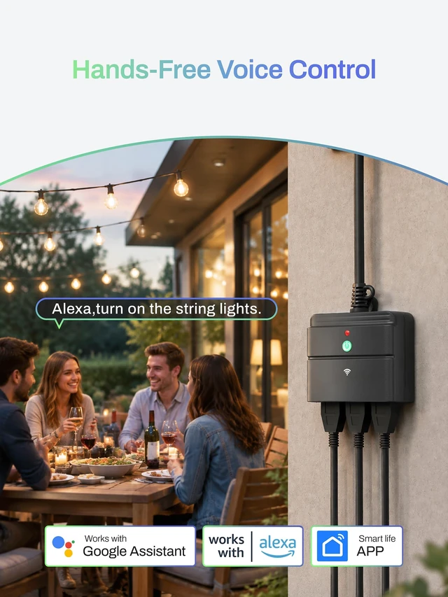 Alt view image 3 of 7 - Outdoor Smart Wi-Fi Plug,Heavy Duty 3 Grounded Outlet Timer,2.4GHz | IP44 Weatherproof for Garden & Patio, Works with Alexa & Google Assistant, Voice & Remote Control, Schedule & Countdown