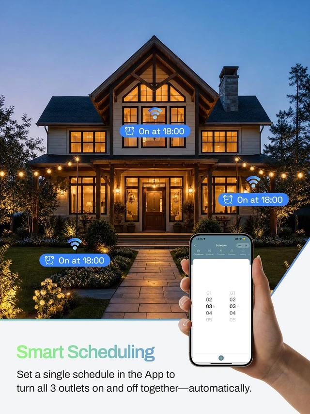 Alt view image 5 of 7 - Outdoor Smart Wi-Fi Plug,Heavy Duty 3 Grounded Outlet Timer,2.4GHz | IP44 Weatherproof for Garden & Patio, Works with Alexa & Google Assistant, Voice & Remote Control, Schedule & Countdown