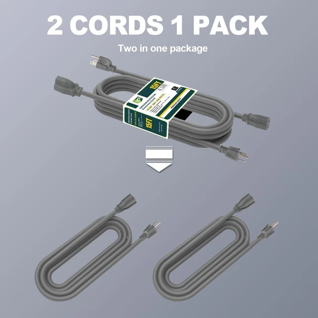 Alt view image 3 of 7 - 15 FT Outdoor Extension Cord, 16/3 SJTW Heavy Duty Grey 2PK, ETL Listed | 16 AWG 3 Prong Grounded Plug, 13A 1625W, Waterproof, Cold-Resistant Flexible, For Garden, Home, Christmas Lights
