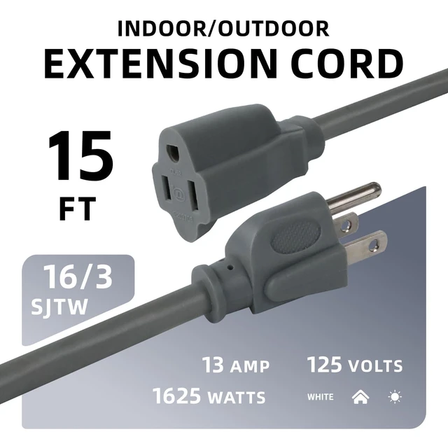 Alt view image 2 of 7 - 15 FT Outdoor Extension Cord, 16/3 SJTW Heavy Duty Grey 2PK, ETL Listed | 16 AWG 3 Prong Grounded Plug, 13A 1625W, Waterproof, Cold-Resistant Flexible, For Garden, Home, Christmas Lights