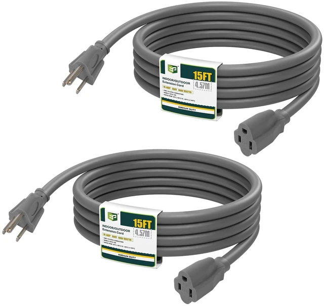 Main image of 15 FT Outdoor Extension Cord, 16/3 SJTW Heavy Duty Grey 2PK, ETL Listed | 16 AWG 3 Prong Grounded Plug, 13A 1625W, Waterproof, Cold-Resistant Flexible, For Garden, Home, Christmas Lights