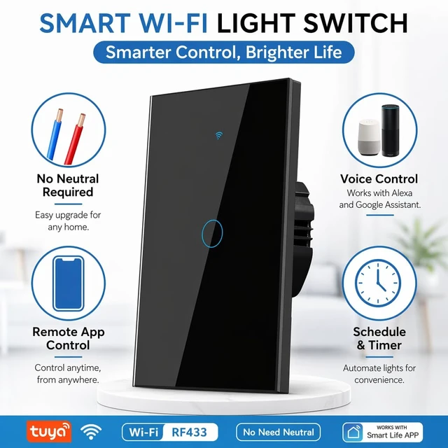 Alt view image 3 of 7 - 2.4GHz WiFi Smart Wall Touch Light Switch (Glass Panel, Alexa Multi-Control Compatible, Compatible with Multiple Platforms) (3 Gang)
