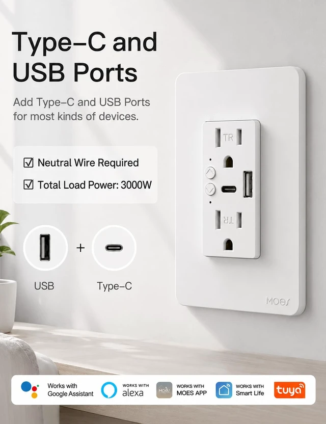 Alt view image 2 of 7 - Smart in-Wall Outlet, USB-C & USB-A, 15A, 2.4GHz WiFi, No Hub Required | Smart Life/Tuya APP Remote Control, Works with Alexa and Google Assistant for Hands-Free Voice Control